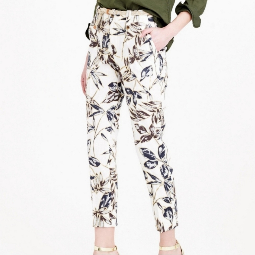 J. Crew Linen Trouser Pants Size 6 Garden Floral Gold Leaf Preppy Tropical Boho